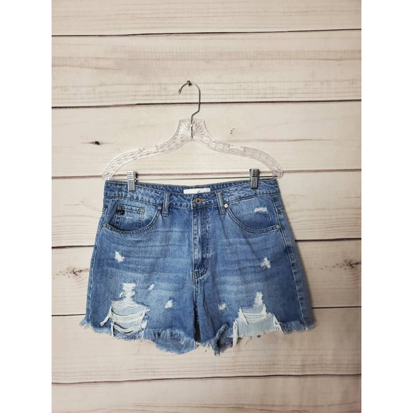 KanCan Pants - Kancan Womens Jean Shorts Blue Distressed Medium Wash High Rise Pockets Denim L